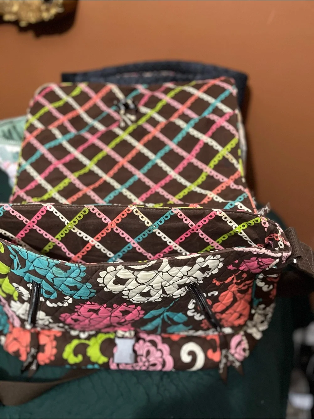 Vera Bradley Quilted Floral Tote in Brown with Pink, Green & Turquoise Accents